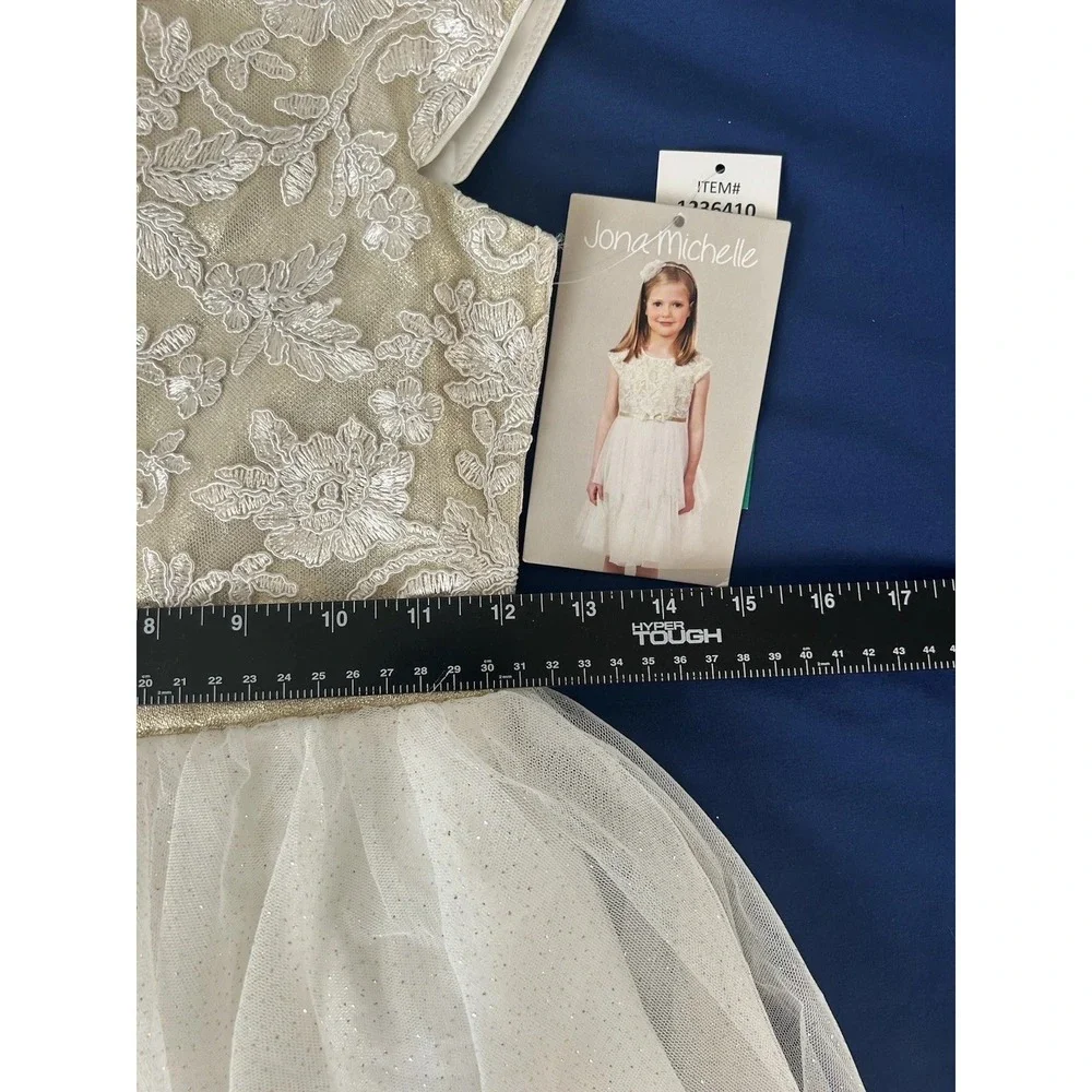 New Jona Michelle‎ Girls Floral Appliqué Metallic  Ruffle Dress size 8 Ivory